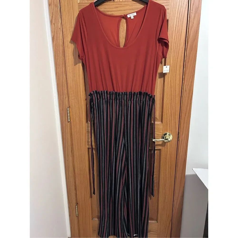 Ultra Flirt Cap Sleeve Pinstripe Wide Leg Jumpsuit Women’s Plus Size 1X
